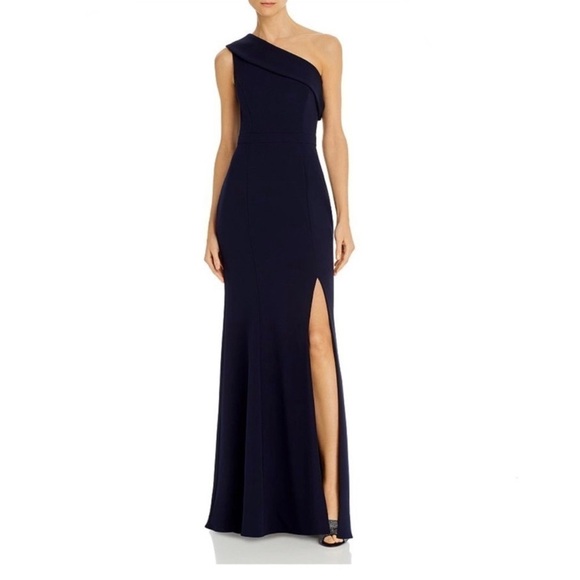 AQUA One-shoulder Scuba Crepe Navy Blue Gown - Picture 1 of 9